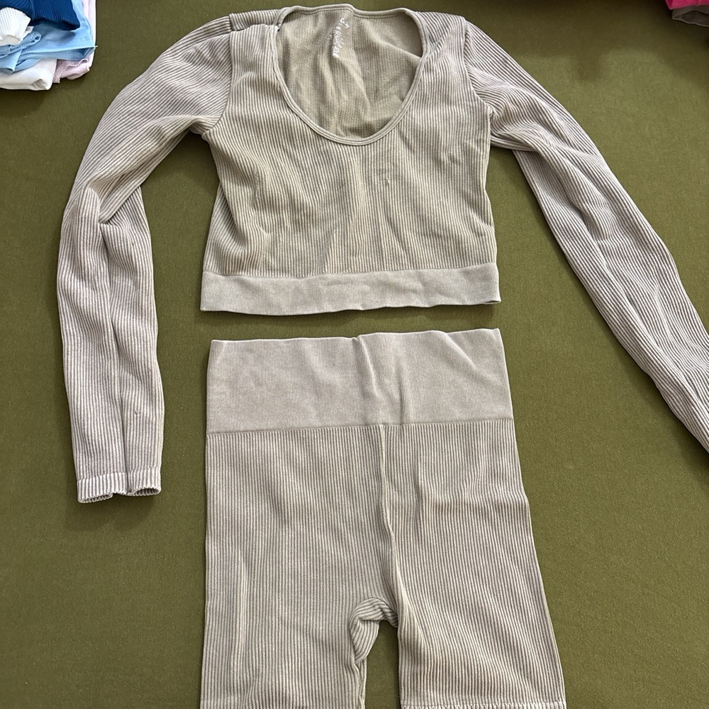 Women's Cream Ribbed Lounge Set
